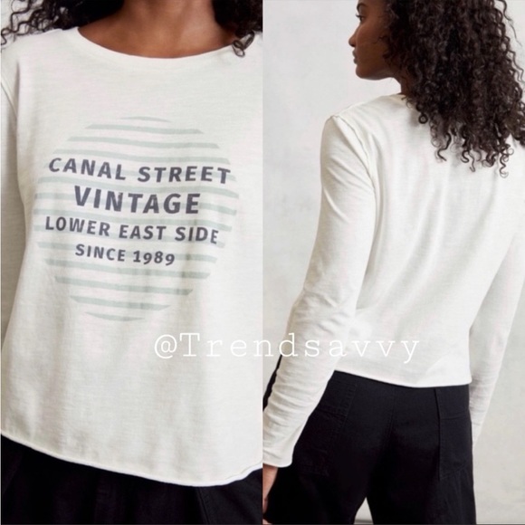 Anthropologie Tops - ANTHROPOLOGIE Cropped Graphic Tee Shirt Tops Long Sleeve Ivory Size S NWT